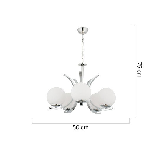 Φωτιστικό Κρεμαστό LACERTA Πεντάφωτο Ασημί/Λευκό Μέταλλο/Γυαλί 50x75cm
