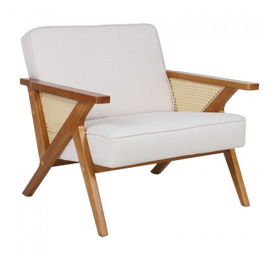 Πολυθρόνα Claudia ύφασμα μπεζ-pe rattan-rubberwood φυσικό Υλικό: FABRIC-RUBBER WOOD-PE RATTAN 046-000019