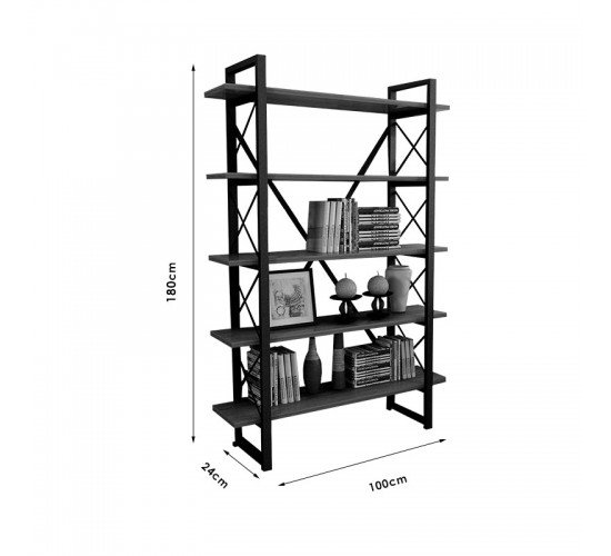 Βιβλιοθήκη Wook καρυδί-μαύρο 90x34x180εκ Υλικό: MELAMINE 18mm. METAL 071-001422