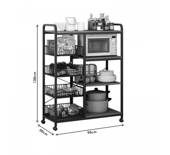 Τρόλεϊ-ραφιέρα 4όροφη Noli MDF καρυδί-μαύρο 90x30x130εκ Υλικό: METAL - MDF 072-000053