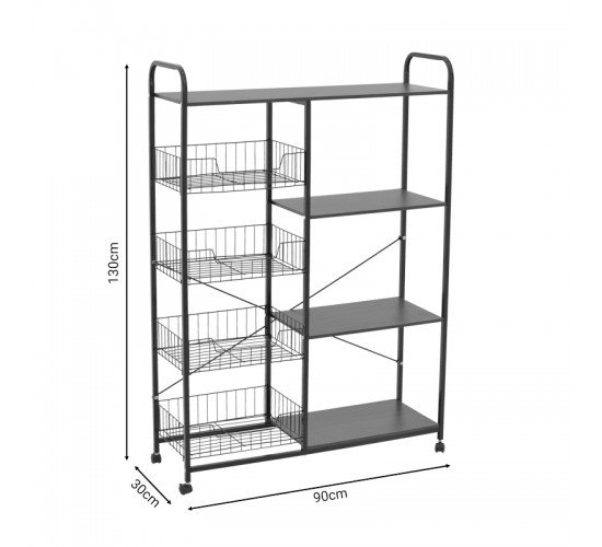 Τρόλεϊ-ραφιέρα 4όροφη Noli MDF καρυδί-μαύρο 90x30x130εκ Υλικό: METAL - MDF 072-000053