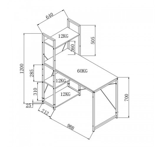 Γραφείο-ραφιέρα Ramon φυσικό-μαύρο 122x64x120εκ Υλικό: CLIPBOARD 15mm WITH MELAMINE - METAL 085-000003