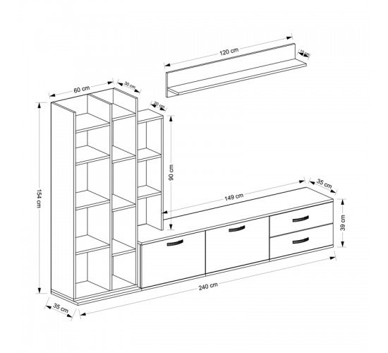 Σύνθεση σαλονιού Leman σε λευκή-oak απόχρωση 240x35x154εκ Υλικό: CLIPBOARD WITH MELAMINE 120-000488