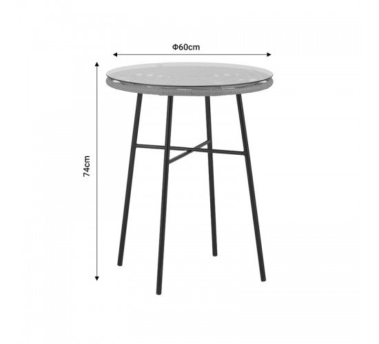 Τραπέζι Gaus μέταλλο μαύρο-pe φυσικό-γυαλί Φ60x74εκ Υλικό: METAL - GLASS - PE RATTAN 140-000056