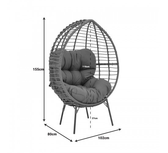 Πολυθρόνα Nestie  wicker rattan γκρι-μεταλλικό γκρι πόδι-γκρι μαξιλάρι 102x80x155εκ Υλικό: METAL-FABRIC-WICKER 152-000020