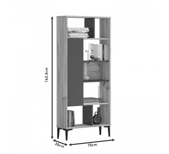 Βιβλιοθήκη Neville φυσικό-ανθρακί 72x25x163.3εκ Υλικό: CLIPBOARD WITH MELAMINE COATING 18mm - METAL - MDF 176-000074