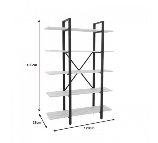 Βιβλιοθήκη Esthon μελαμίνη σε λευκό μαρμάρου και μαύρο μέταλλο 120x28x180εκ Υλικό: CHIPBOARD MELAMINE - METAL 197-000254