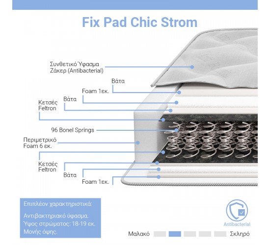 Στρώμα Fix Pad Chic Strom μονής όψης 18-19cm 120x200εκ Υλικό: BONNEL SPRING - FOAM  - FABRIC PLP 207-000012