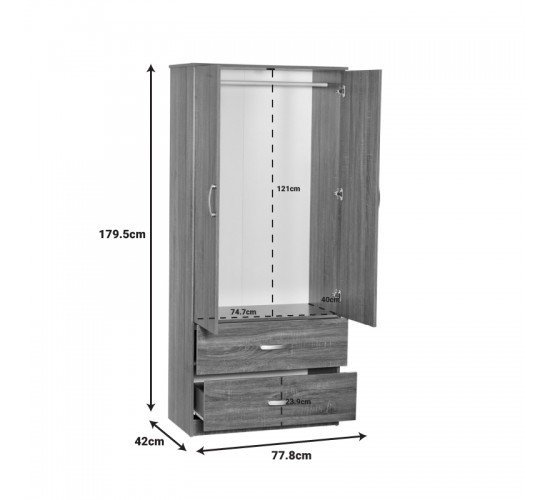 Ντουλάπα ρούχων δίφυλλη Zelia με 2 συρτάρια χρώμα καρυδί 79x42x180εκ Υλικό: PARTICLE BOARD 249-000058
