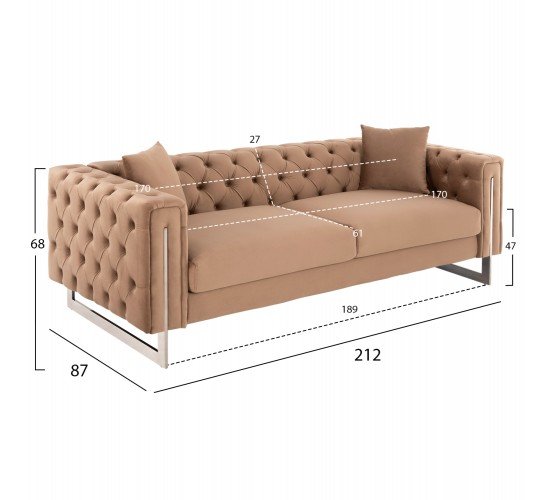 ΚΑΝΑΠΕΣ τ.CHESTERFIELD MOBAR HM3263.03 ΜΠΕΖ ΒΕΛΟΥΔΟ-ΜΕΤΑΛΛΙΚΑ ΠΟΔΙΑ 212x87x68Υεκ