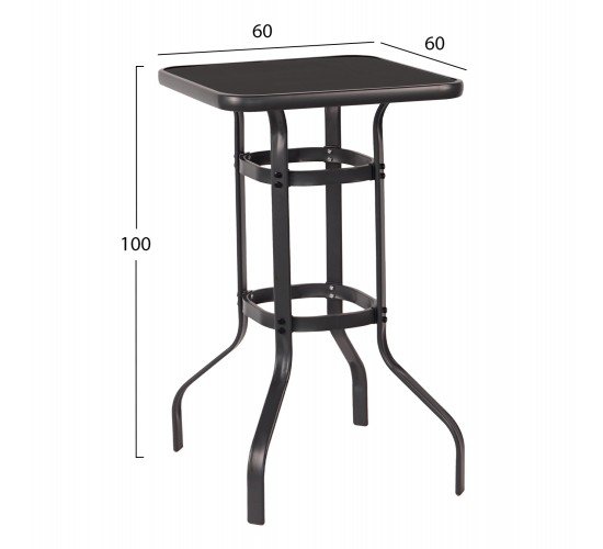 ΤΡΑΠΕΖΙ ΜΠΑΡ ΤΕΤΡΑΓΩΝΟ FIGGY HM6066.03 ΜΕΤΑΛΛΙΚΟ ΜΑΥΡΟ-ΓΥΑΛΙ ΑΣΦΑΛΕΙΑΣ 60x60x100Υεκ