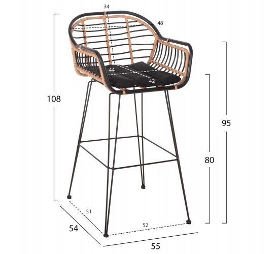 ΣΚΑΜΠΟ ΜΠΑΡ ALLEGRA HM5690.11 ΜΕΤΑΛΛΟ&ΜΑΞΙΛΑΡΙ ΜΑΥΡΟ-WICKER ΜΠΕΖ 55x54x108Υεκ.