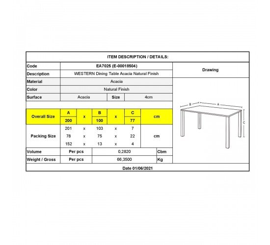 WESTERN Τραπέζι Τραπεζαρίας Ξύλο Ακακία Φυσικό  200x100x77cm [-Φυσικό-] [-Ξύλο-] ΕΑ7025