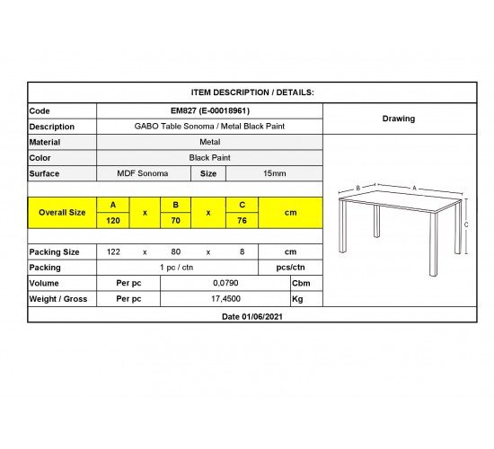 GABO Τραπέζι Τραπεζαρίας Κουζίνας, Μέταλλο Βαφή Μαύρο Επιφάνεια Απόχρωση Sonoma  120x70x75cm [-Μαύρο/Φυσικό-] [-Μέταλλο/Paper-] ΕΜ827