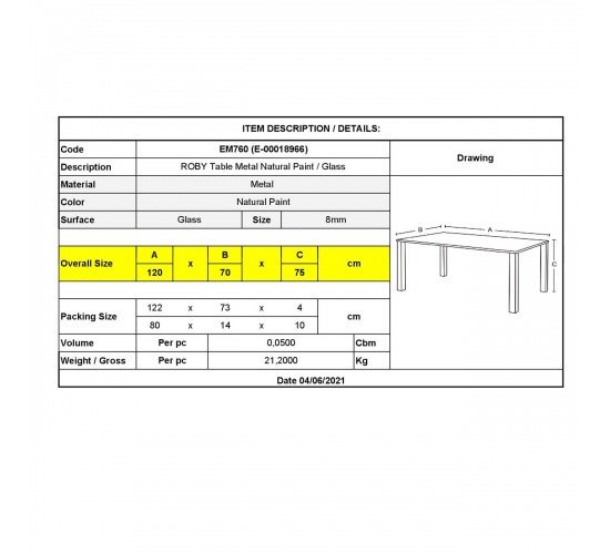ROBY Τραπέζι Τραπεζαρίας Κουζίνας, Μέταλλο Βαφή Φυσικό Γυαλί Clear  120x70x75cm [-Φυσικό/Clear-] [-Μέταλλο/Γυαλί-] ΕΜ760