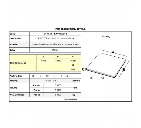 Contract Sliq Normal Επιφάνεια Τραπεζιού τ.Werzalit, Απόχρωση Marble  60x60cm/16mm [-Άσπρο-] [-Melamine Laminated-] Ε106,42