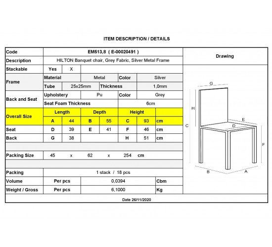 HILTON Καρέκλα Μέταλλο Βαφή Silver, Ύφασμα Γκρι  44x55x93cm [-Silver/Γκρι-] [-Μέταλλο/Ύφασμα-] ΕΜ513,8