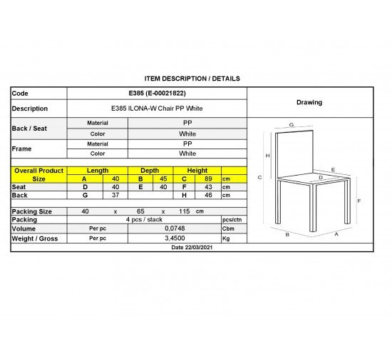 ILONA-W PP Καρέκλα Εστίασης - Catering Στοιβαζόμενη PP Άσπρο  40x46x88cm [-Άσπρο-] [-PP - PC - ABS-] Ε385