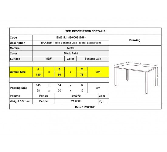 BAXTER Τραπέζι Κουζίνας Τραπεζαρίας, Μέταλλο Βαφή Μαύρο, Sonoma Oak  140x80x75cm [-Μαύρο/Καρυδί-] [-Μέταλλο/Paper-] ΕΜ817,1