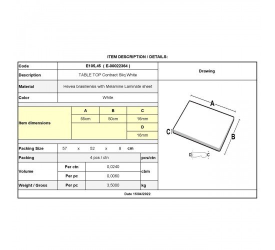 Contract Sliq Normal Επιφάνεια Τραπεζιού τ.Werzalit, Απόχρωση Άσπρο  50x55cm/16mm [-Άσπρο-] [-Melamine Laminated-] Ε105,45