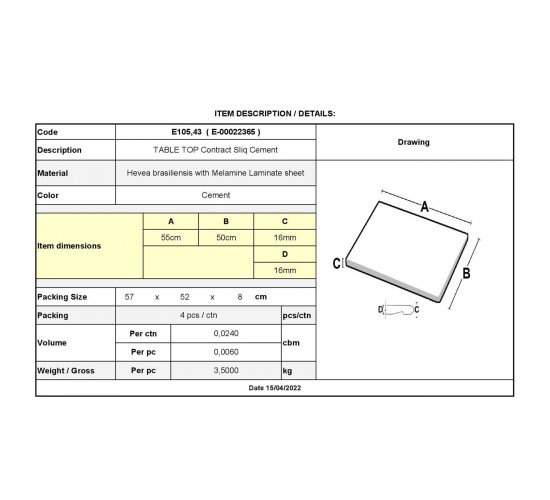 Contract Sliq Normal Επιφάνεια Τραπεζιού τ.Werzalit, Απόχρωση Cement  50x55cm/16mm [-Γκρι-] [-Melamine Laminated-] Ε105,43