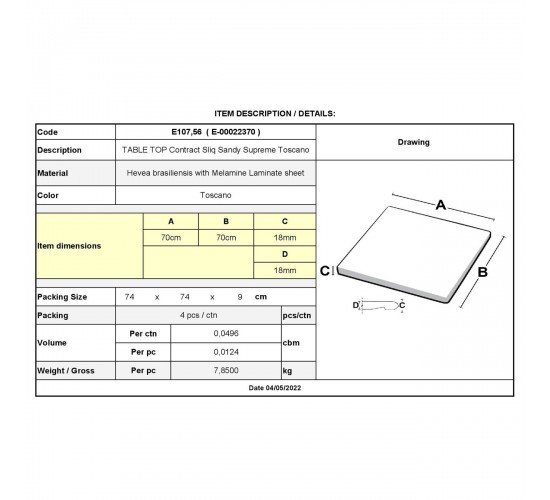 Contract Sliq Sandy Supreme Επιφάνεια Τραπεζιού τ.Werzalit Απόχρωση Toscano  70x70cm/18mm [-Γκρι-] [-Melamine Laminated-] Ε107,56