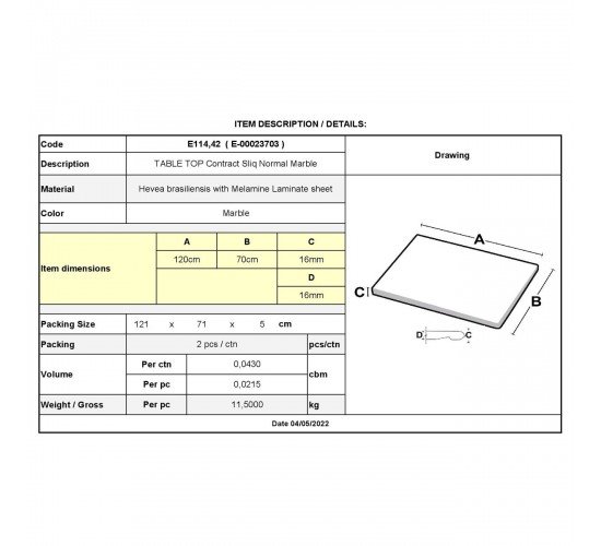 Contract Sliq Normal Επιφάνεια Τραπεζιού τ.Werzalit, Απόχρωση Marble  70x120cm/16mm [-Άσπρο-] [-Melamine Laminated-] Ε114,42