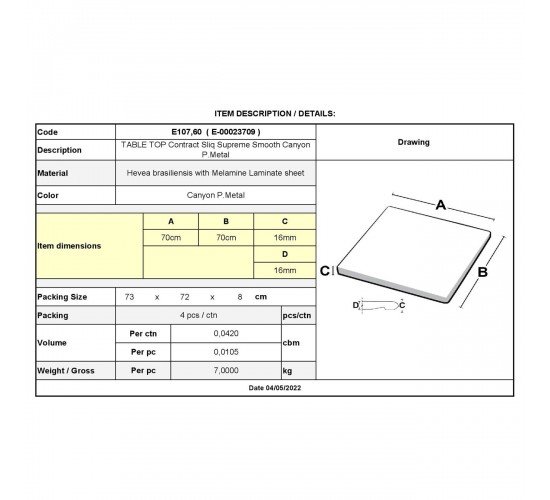 Contract Sliq Smooth Supreme Επιφάνεια Τραπεζιού τ.Werzalit Απόχρωση Canyon P.Metal  70x70cm/16mm [-Deco-] [-Melamine Laminated-] Ε107,60