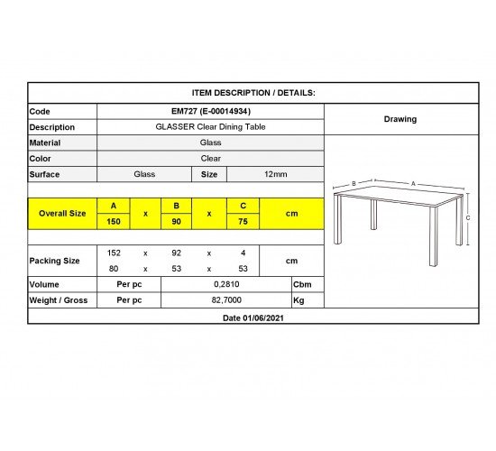 GLASSER Τραπέζι - Γραφείο Διάφανο Γυαλί 12mm  150x90x75cm [-Clear-] [-Bent Glass - Γυαλί-] ΕΜ727