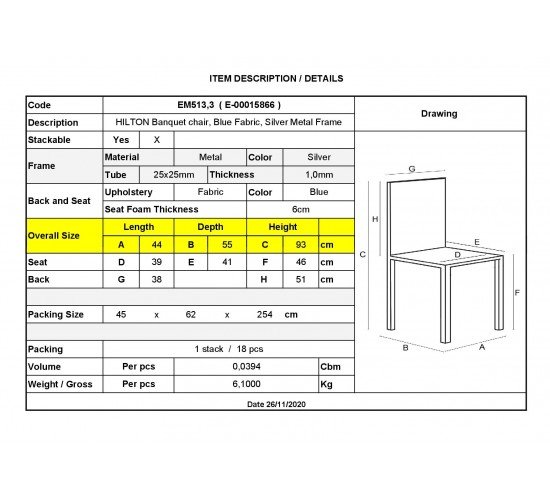 HILTON Καρέκλα Μέταλλο Βαφή Silver, Ύφασμα Μπλε  44x55x93cm [-Silver/Μπλε-] [-Μέταλλο/Ύφασμα-] ΕΜ513,3