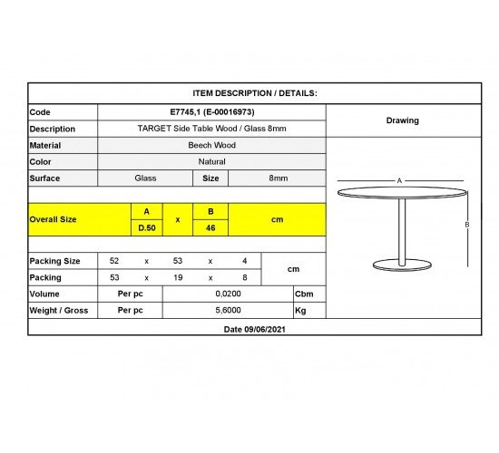 TARGET Τραπεζάκι Βοηθητικό Ξύλο - Γυαλί 8mm  Φ50cm H.46cm [-Φυσικό/Clear-] [-Ξύλο/Γυαλί-] Ε7745,1