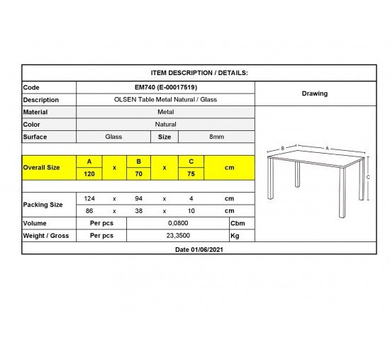 OLSEN Τραπέζι Τραπεζαρίας Κουζίνας - Μέταλλο Βαφή Φυσικό - Γυαλί Clear  120x70x75cm [-Φυσικό/Clear-] [-Μέταλλο/Γυαλί-] ΕΜ740