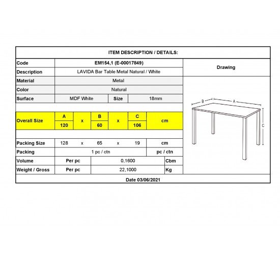 LAVIDA Τραπέζι BAR Μέταλλο Βαφή Φυσικό, Άσπρο MDF  120x60x106cm [-Φυσικό/Άσπρο-] [-Μέταλλο/MDF - Καπλαμάς - Κόντρα Πλακέ - Νοβοπάν-] ΕΜ154,1